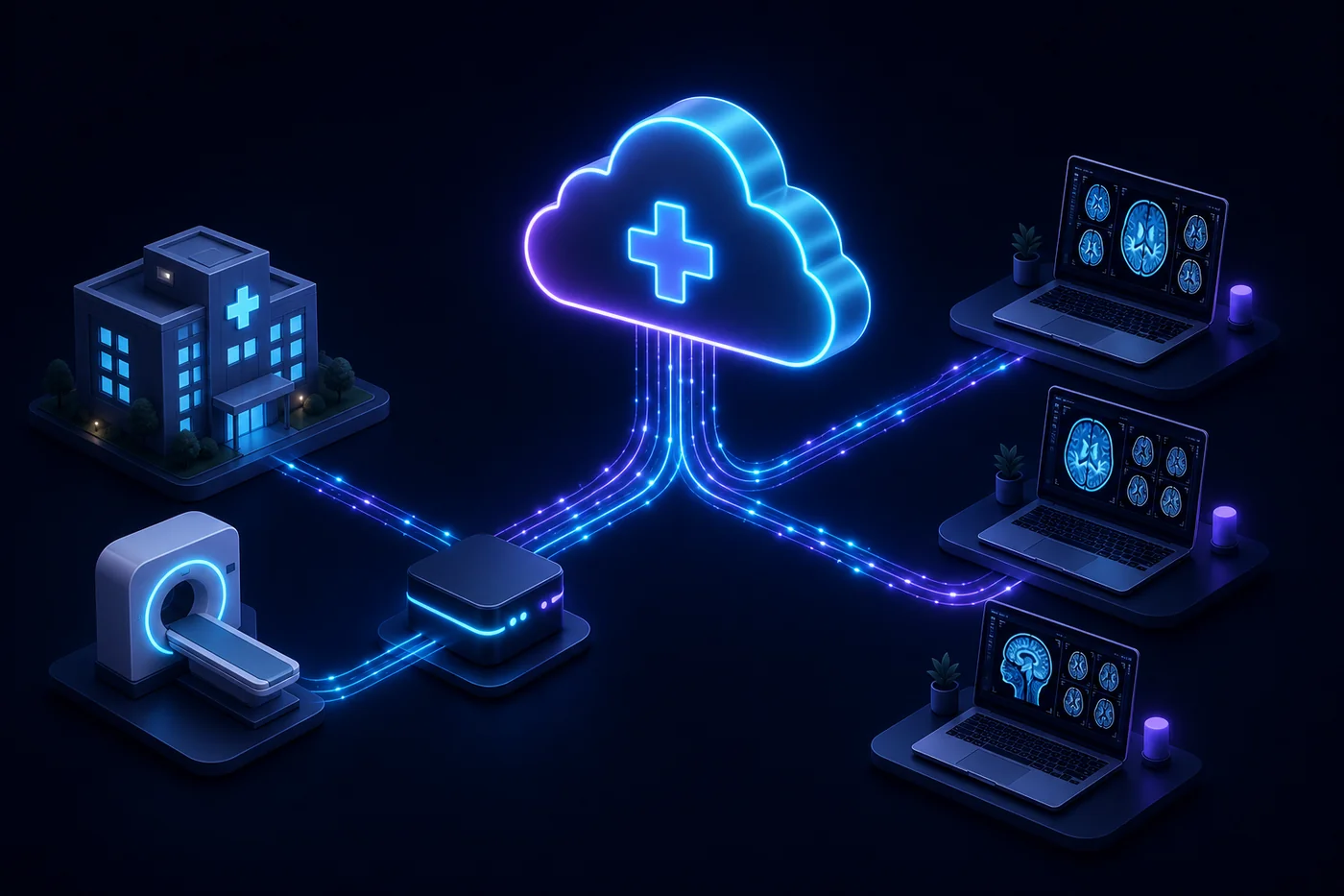 HEEBA TROS — studies flow from hospitals through TROSManager to the cloud and out to reading radiologists